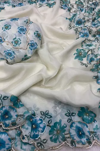 White-Sky Blue Color Floral Print With Beads And Katdana Handwork Silk Saree