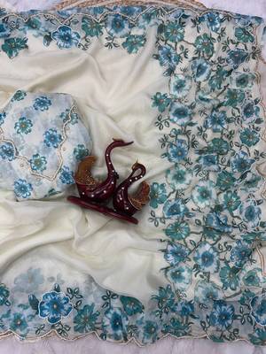 White-Sky Blue Color Floral Print With Beads And Katdana Handwork Silk Saree 3