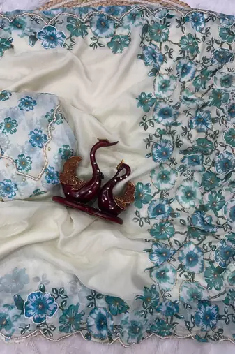 White-Sky Blue Color Floral Print With Beads And Katdana Handwork Silk Saree