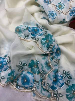 White-Sky Blue Color Floral Print With Beads And Katdana Handwork Silk Saree 4