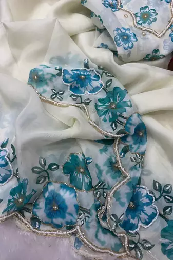 White-Sky Blue Color Floral Print With Beads And Katdana Handwork Silk Saree