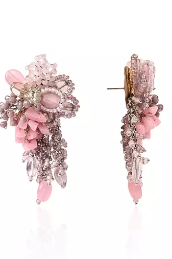 Pink and lilac stone tassel earrings