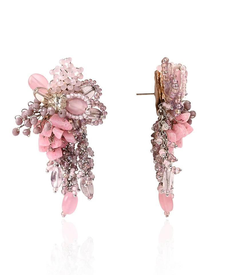 Pink and lilac stone tassel earrings