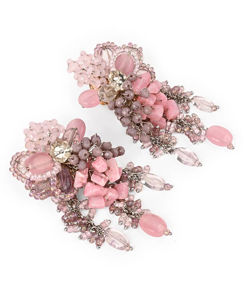 Pink and lilac stone tassel earrings