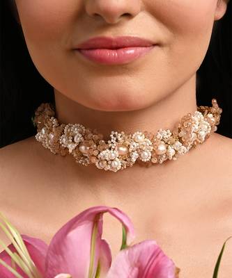 Gold plated white pearl peach stones modern choker 1