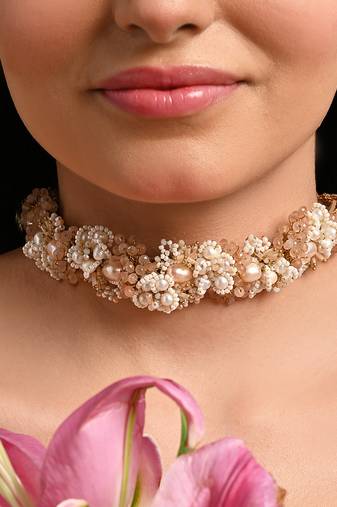 Gold plated white pearl peach stones modern choker