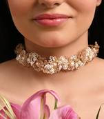 Gold plated white pearl peach stones modern choker