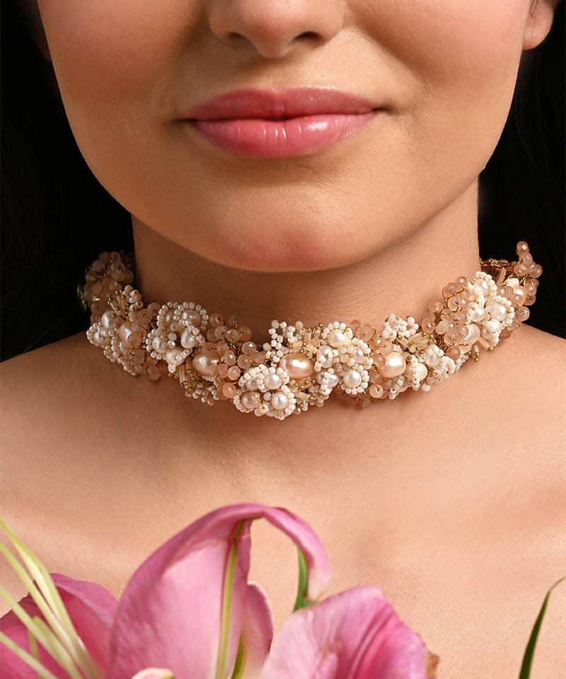 Gold plated white pearl peach stones modern choker