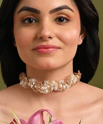 Gold plated white pearl peach stones modern choker 2