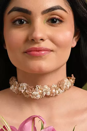 Gold plated white pearl peach stones modern choker