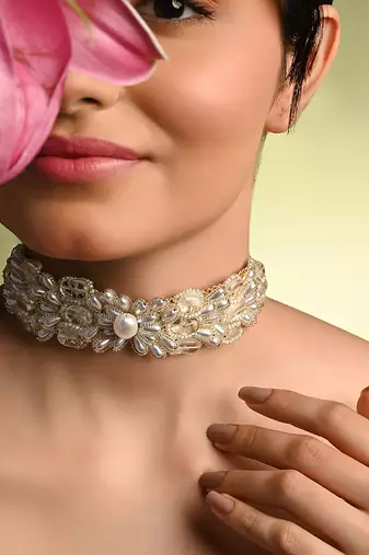 White pearl stones butterfly choker