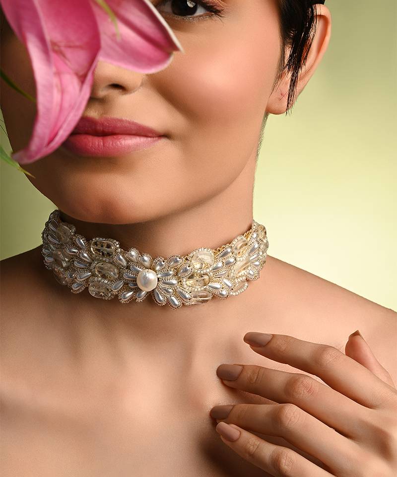 White pearl stones butterfly choker