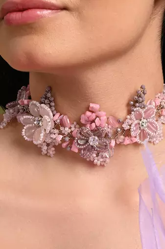 Pink lilac stones floral classic choker