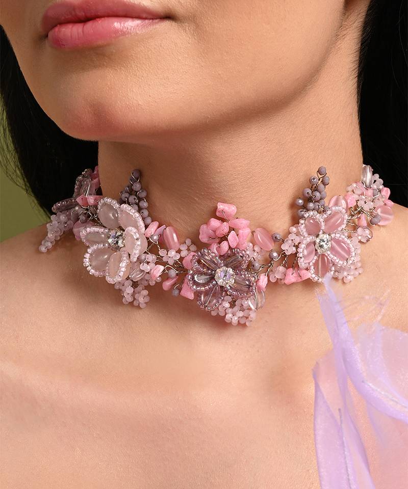 Pink lilac stones floral classic choker