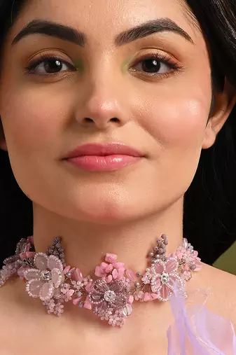 Pink lilac stones floral classic choker