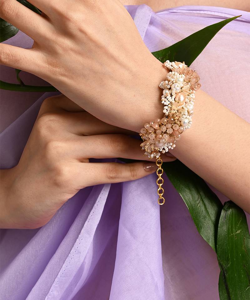 Gold plated pearl peach stone floral bracelet