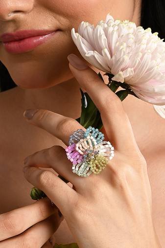 Multicolor floral crystal adjustable ring