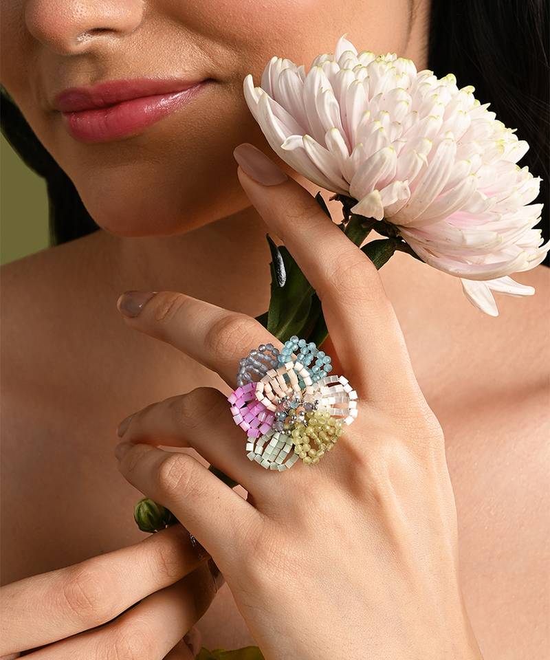 Multicolor floral crystal adjustable ring