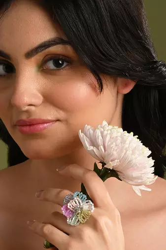 Multicolor floral crystal adjustable ring