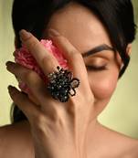 Jet black grey stone crytsal adjustable ring