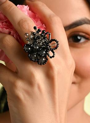 Jet black grey stone crytsal adjustable ring 2