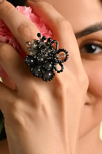 Jet black grey stone crytsal adjustable ring