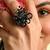 Jet black grey stone crytsal adjustable ring
