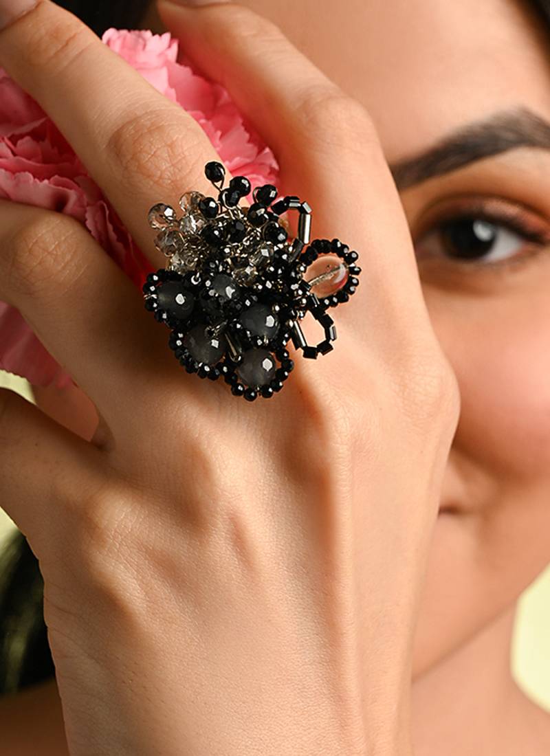 Jet black grey stone crytsal adjustable ring