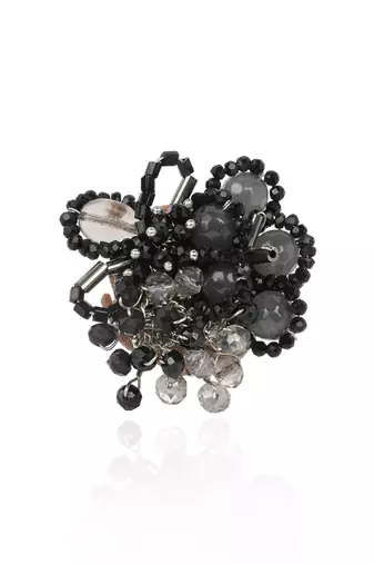 Jet black grey stone crytsal adjustable ring