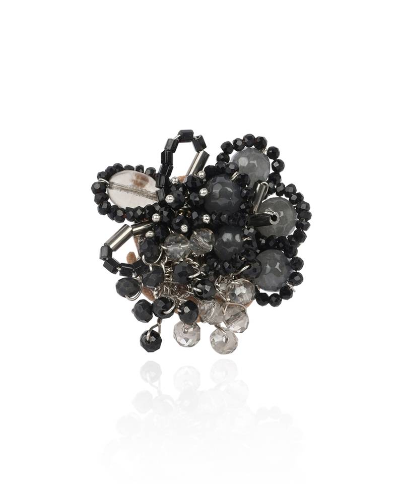 Jet black grey stone crytsal adjustable ring