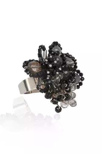 Jet black grey stone crytsal adjustable ring