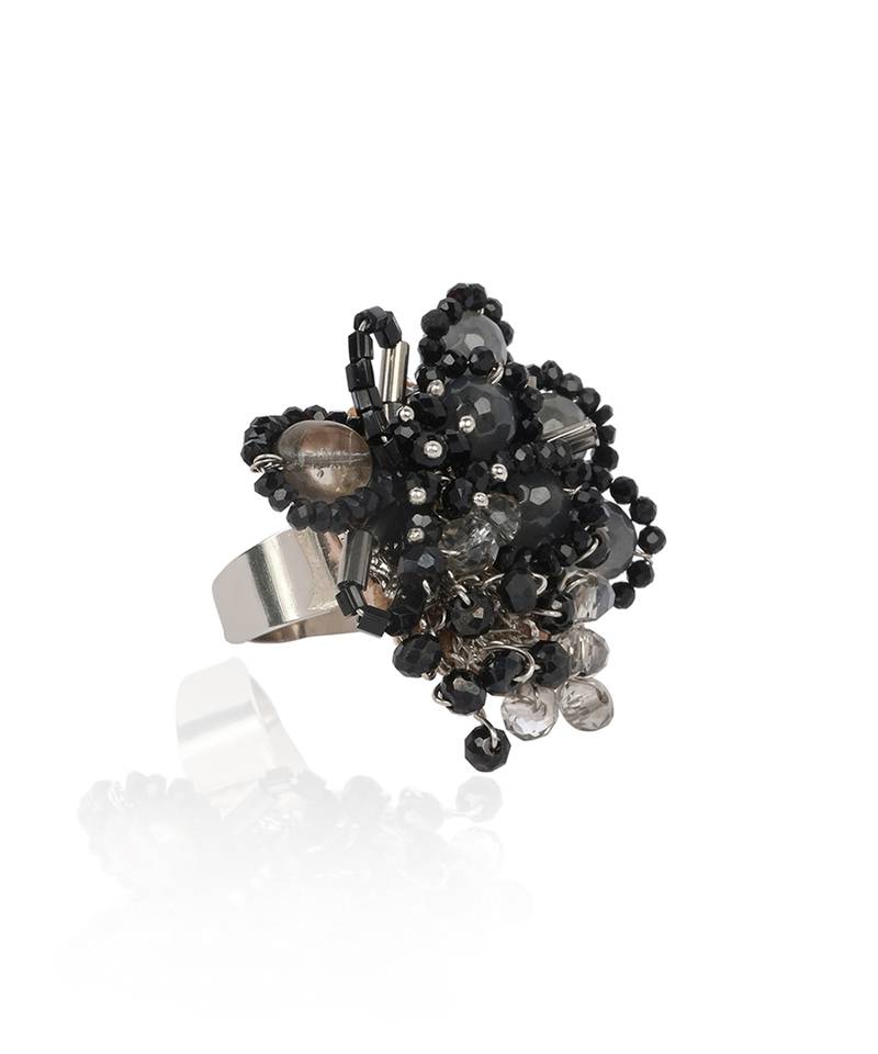 Jet black grey stone crytsal adjustable ring