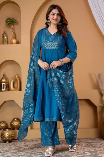 Cotton cambric anarkali kurti-pant-dupatta set