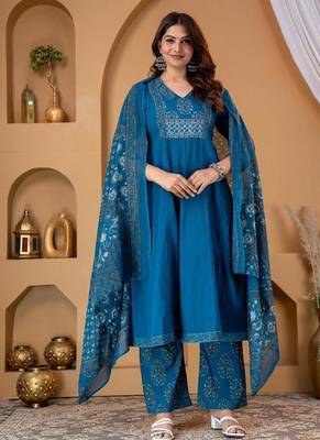 Cotton cambric anarkali kurti-pant-dupatta set 3