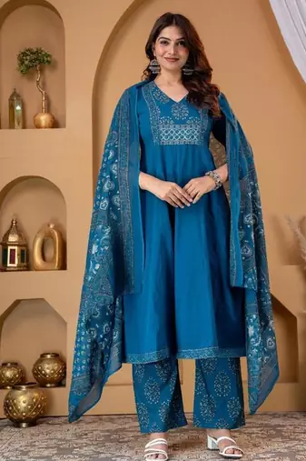Cotton cambric anarkali kurti-pant-dupatta set