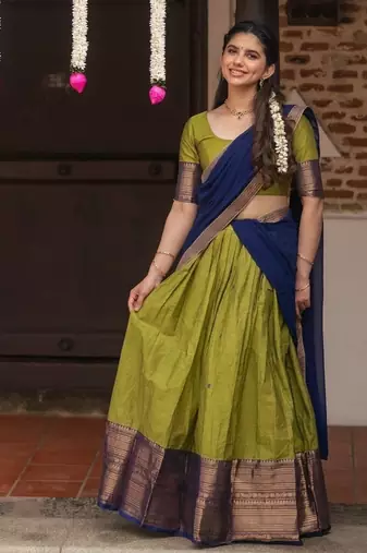 Olive Green & Navy Blue Silk Lehenga Choli Set with Contrast Zari Border