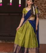 Olive Green & Navy Blue Silk Lehenga Choli Set with Contrast Zari Border