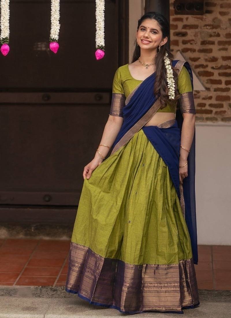 Olive Green & Navy Blue Silk Lehenga Choli Set with Contrast Zari Border