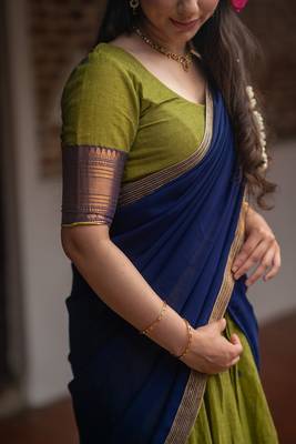 Olive Green & Navy Blue silk blend Lehenga Choli Set with Contrast Zari Border 2