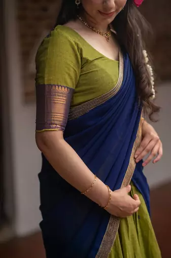 Olive Green & Navy Blue Silk Lehenga Choli Set with Contrast Zari Border