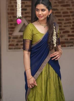 Olive Green & Navy Blue silk blend Lehenga Choli Set with Contrast Zari Border 3