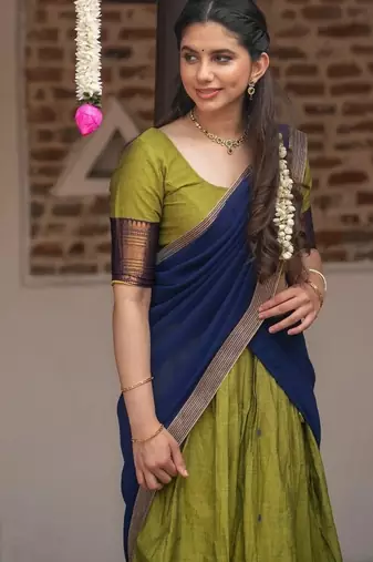 Olive Green & Navy Blue Silk Lehenga Choli Set with Contrast Zari Border