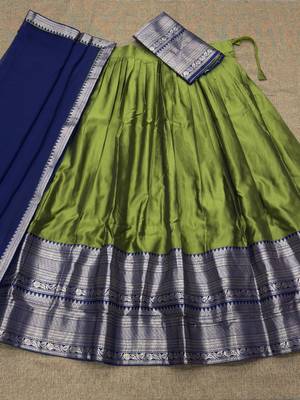 Olive Green & Navy Blue silk blend Lehenga Choli Set with Contrast Zari Border 4