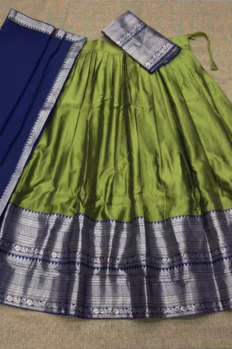 Olive Green & Navy Blue Silk Lehenga Choli Set with Contrast Zari Border