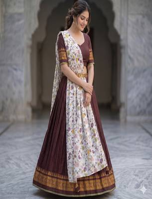 Brown Lehenga Choli Set with Floral Printed Dupatta and Contrast Zari Border Set 3