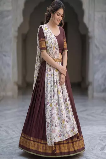 Brown Lehenga Choli Set with Floral Printed Dupatta and Contrast Zari Border Set