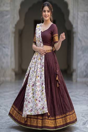 Brown Lehenga Choli Set with Floral Printed Dupatta and Contrast Zari Border Set