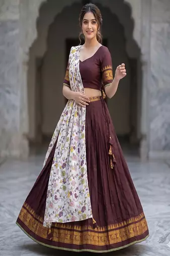 Brown Lehenga Choli Set with Floral Printed Dupatta and Contrast Zari Border Set