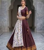 Brown Lehenga Choli Set with Floral Printed Dupatta and Contrast Zari Border Set