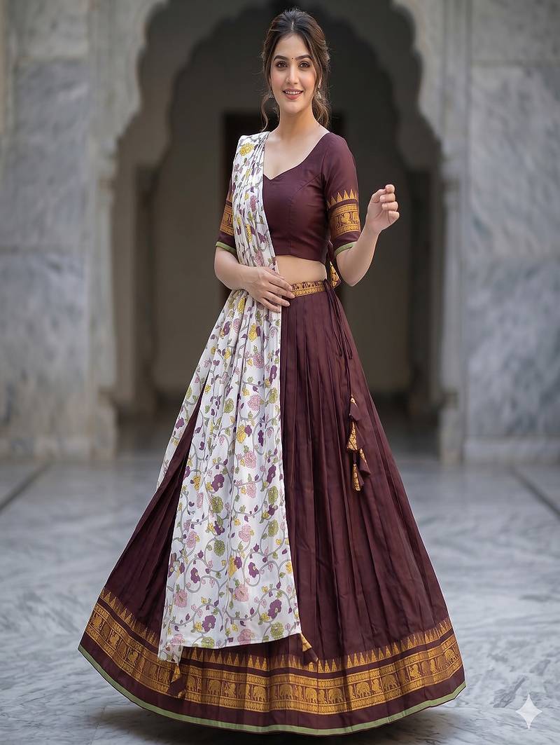Brown Lehenga Choli Set with Floral Printed Dupatta and Contrast Zari Border Set